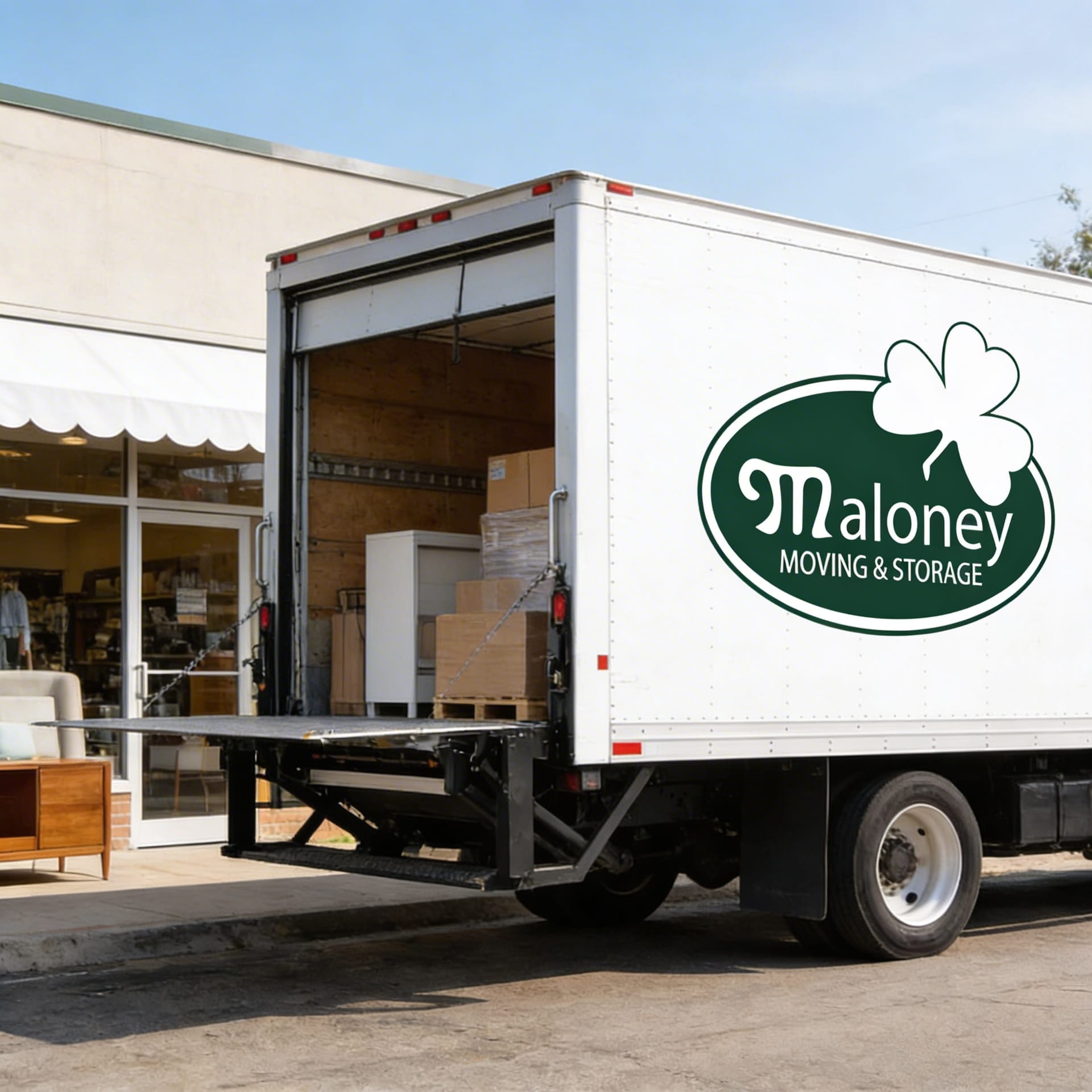 Maloney Moving delivery fleet with lift gate trucks